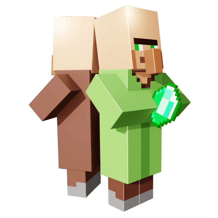 Иллюстрация: житель Minecraft с монетами