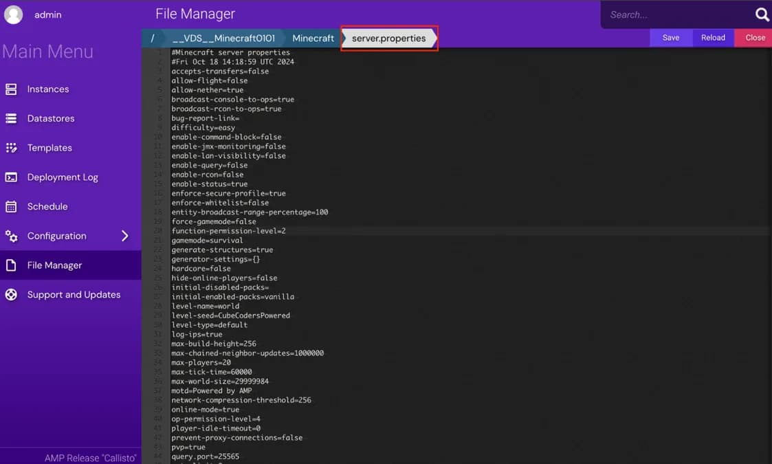Файл server.properties в текстовом редакторе с основными настройками